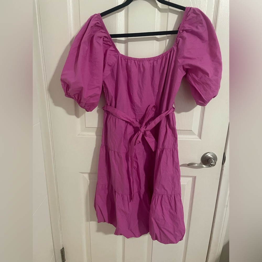 Pink Puff Sleeve Midi Sundress for Wedding Guest